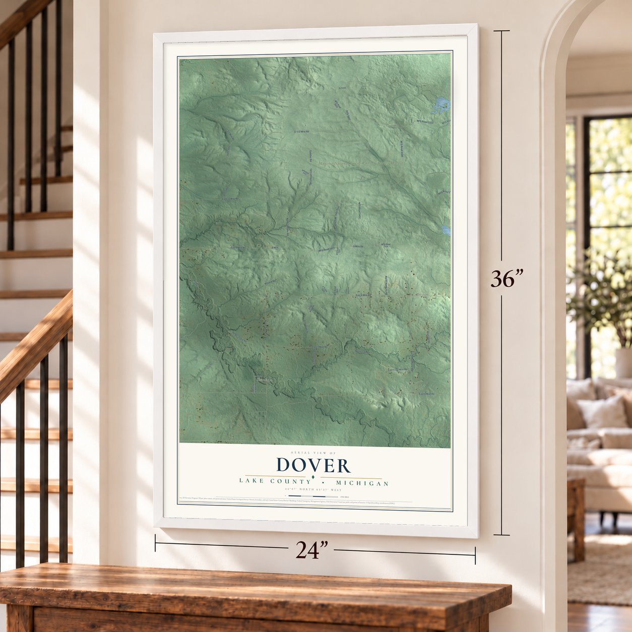 Dover, Lake County, Michigan map, 24 x 36 inch print in a white frame by a staircase