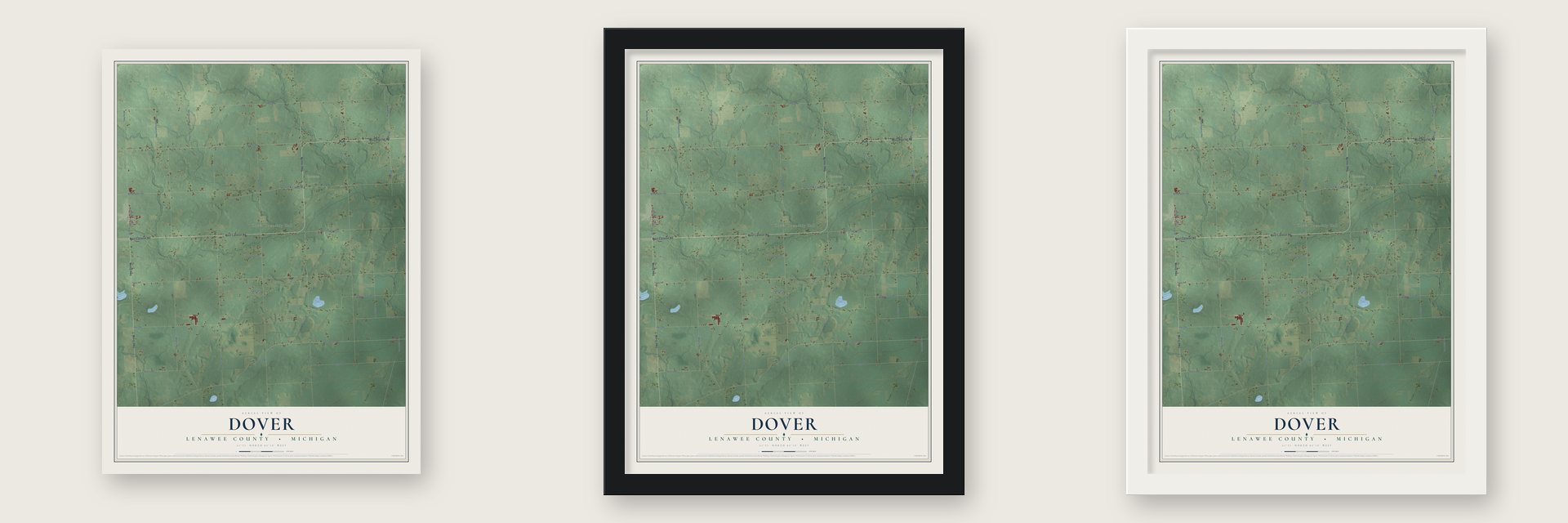 Dover, Lenawee County, Michigan map unframed, in a black wood frame and in a white wood frame