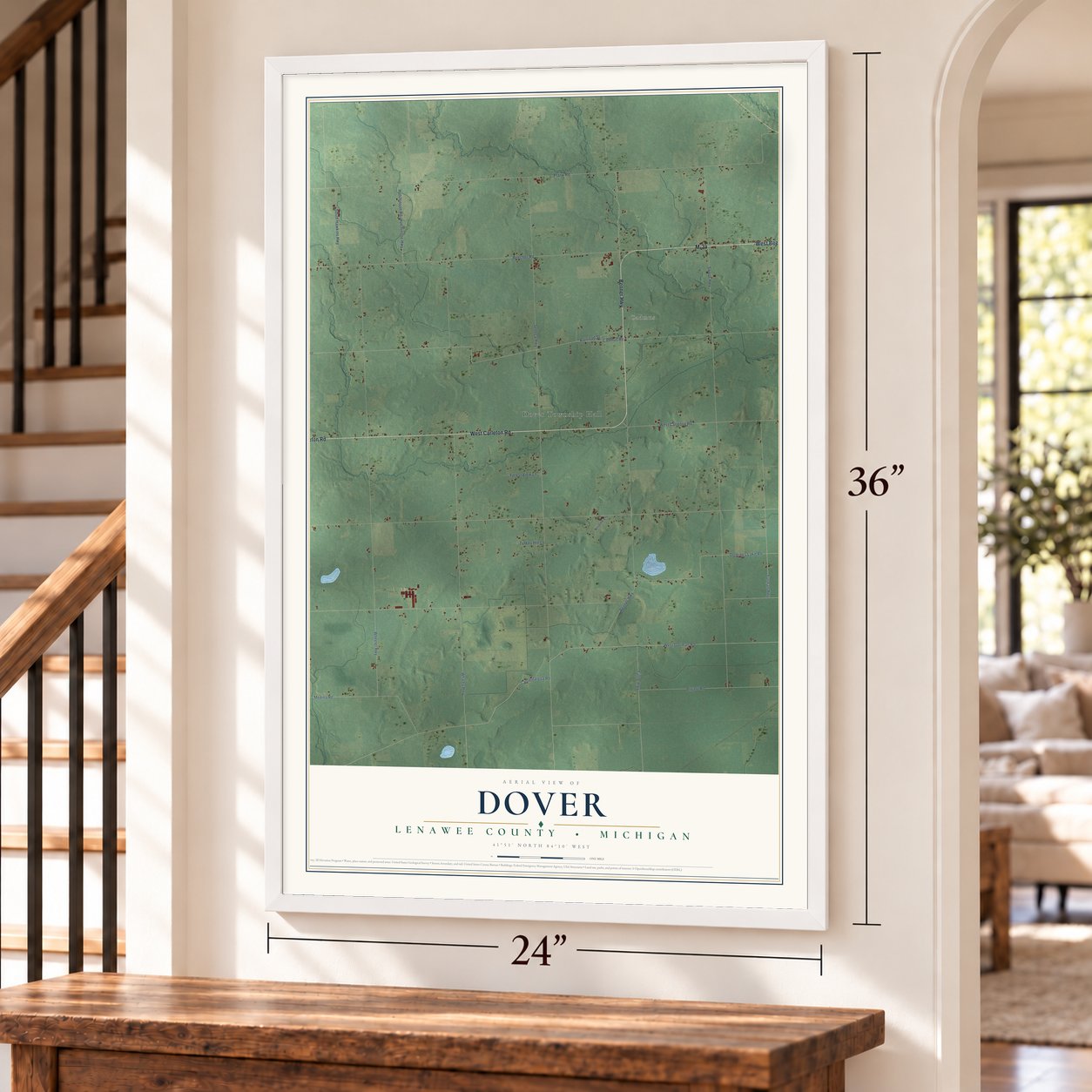 Dover, Lenawee County, Michigan map, 24 x 36 inch print in a white frame by a staircase