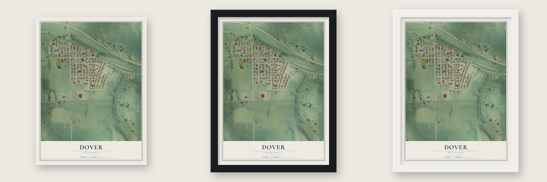 Dover, Minnesota map unframed, in a black wood frame and in a white wood frame
