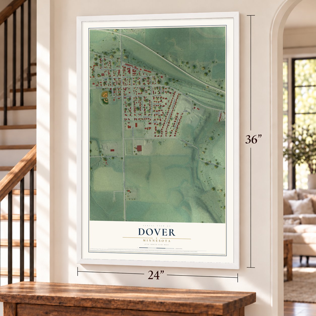 Dover, Minnesota map, 24 x 36 inch print in a white frame by a staircase