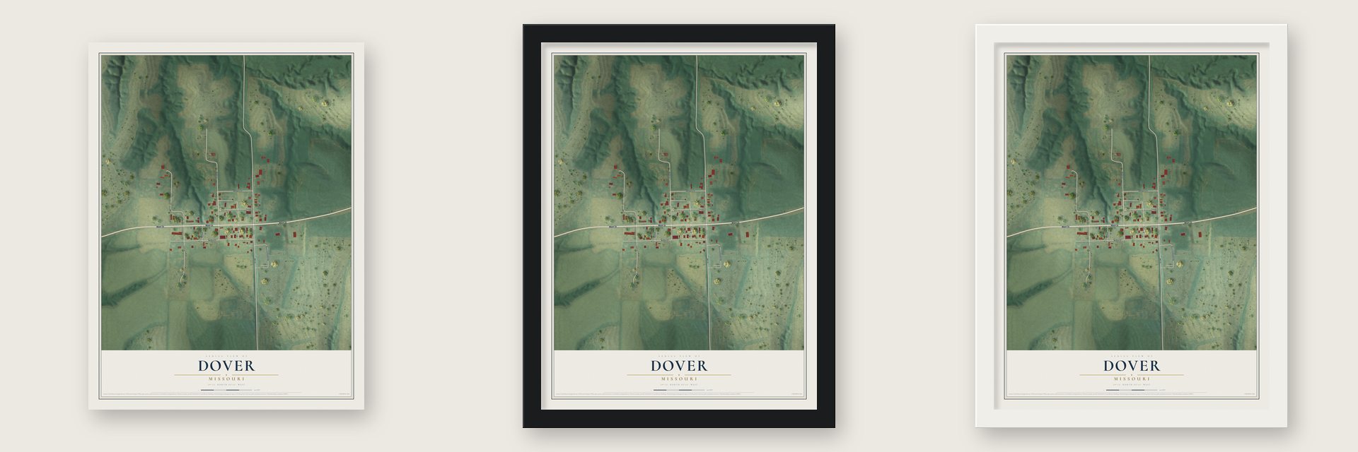 Dover, Missouri map unframed, in a black wood frame and in a white wood frame