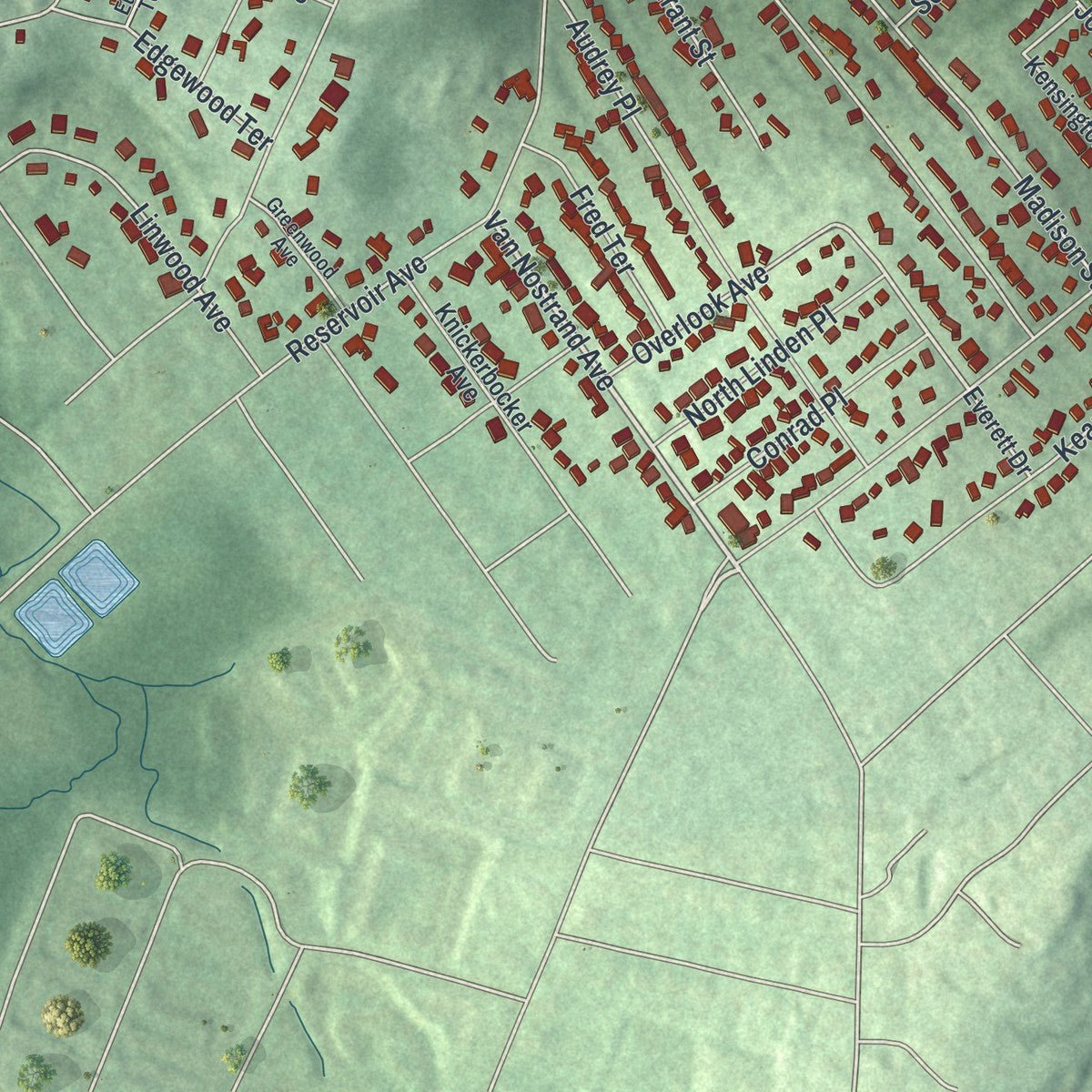Second close-up of the map of Dover, New Jersey print showing more streets and buildings