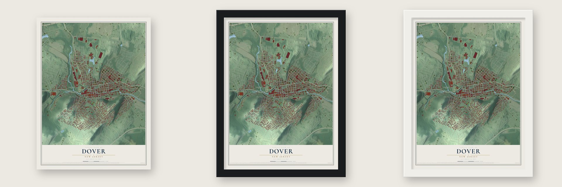 Dover, New Jersey map unframed, in a black wood frame and in a white wood frame