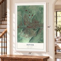 Dover, New Jersey map, 24 x 36 inch print in a white frame by a staircase