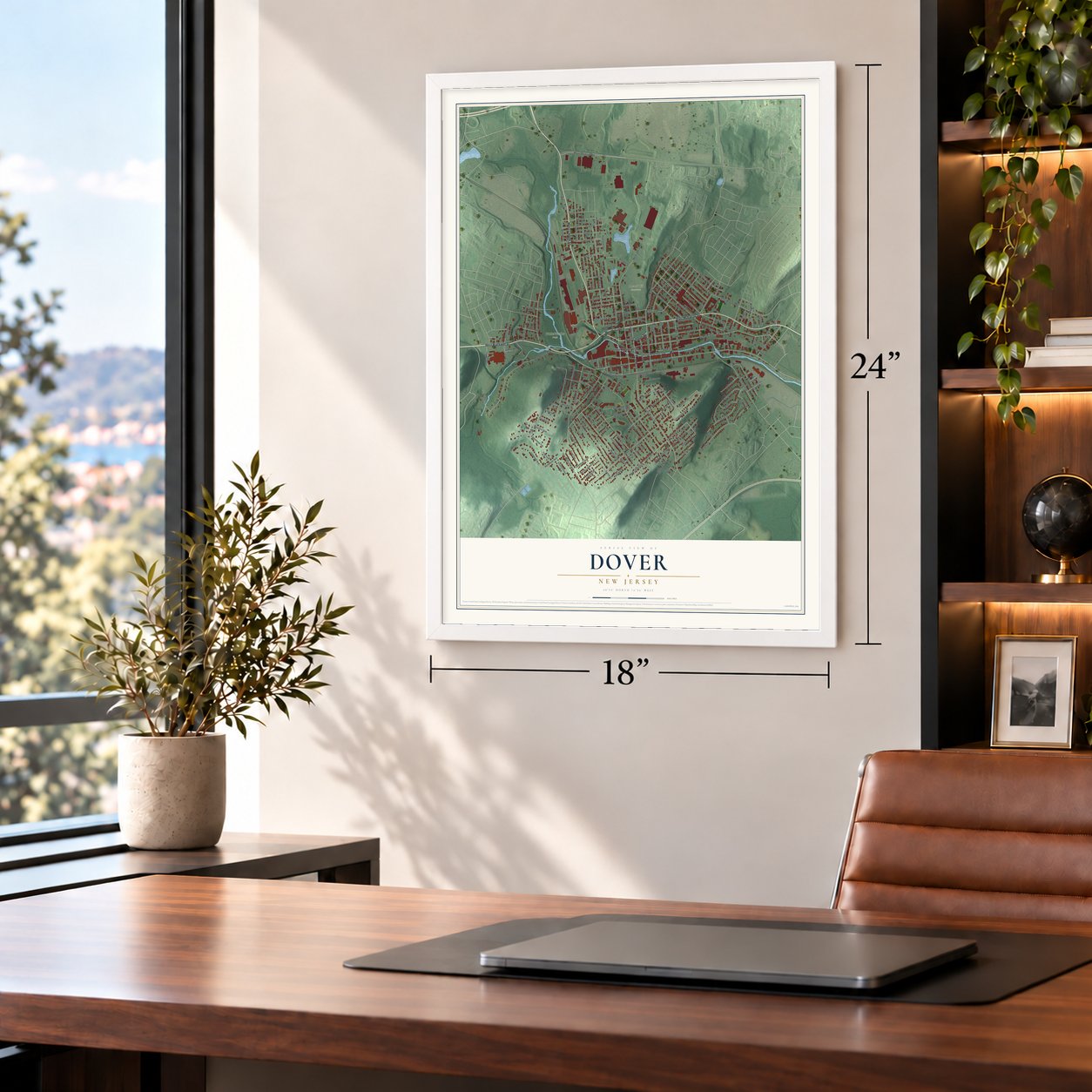 Dover, New Jersey map, 18 x 24 inch print in a white frame in a home office