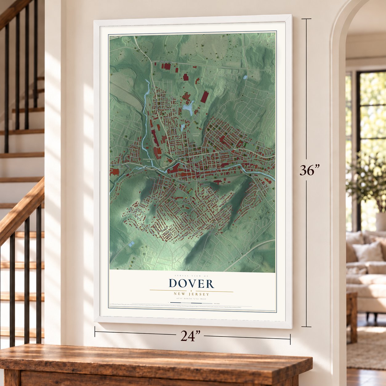 Dover, New Jersey map, 24 x 36 inch print in a white frame by a staircase