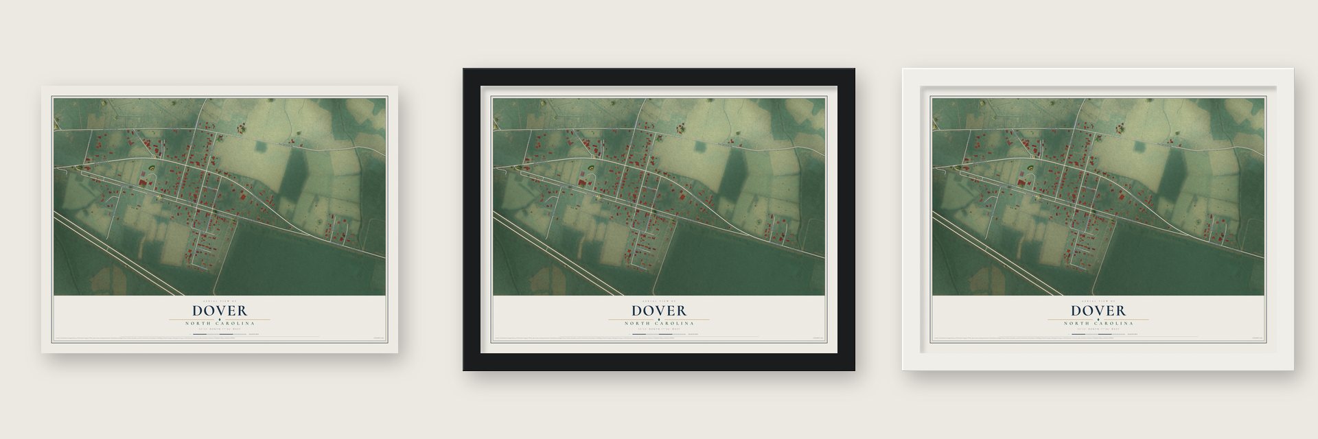 Dover, North Carolina map unframed, in a black wood frame and in a white wood frame