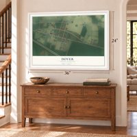 Dover, North Carolina map, 24 x 36 inch print in a white frame above a dresser by a staircase