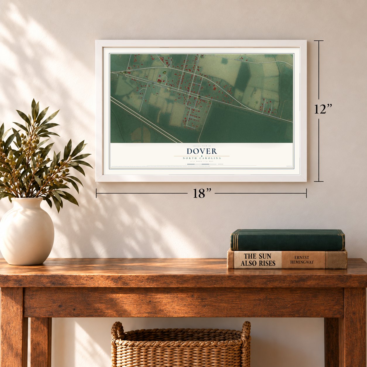 Dover, North Carolina map, 12 x 18 inch print in a white frame in an entryway