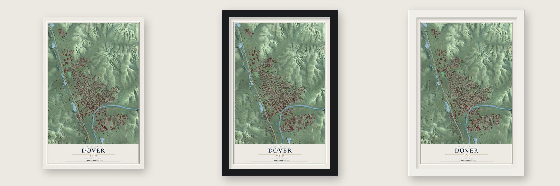 Dover, Ohio map unframed, in a black wood frame and in a white wood frame