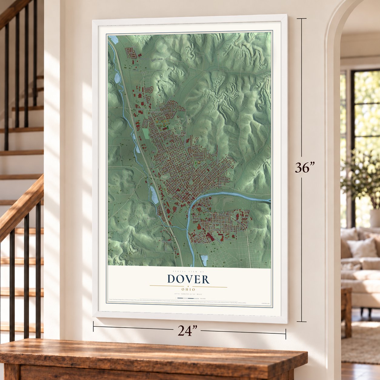 Dover, Ohio map, 24 x 36 inch print in a white frame by a staircase