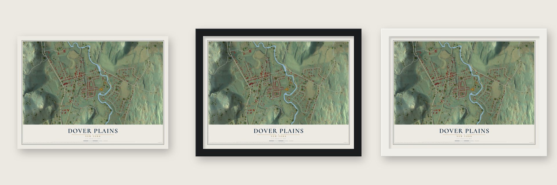 Dover Plains, New York map unframed, in a black wood frame and in a white wood frame