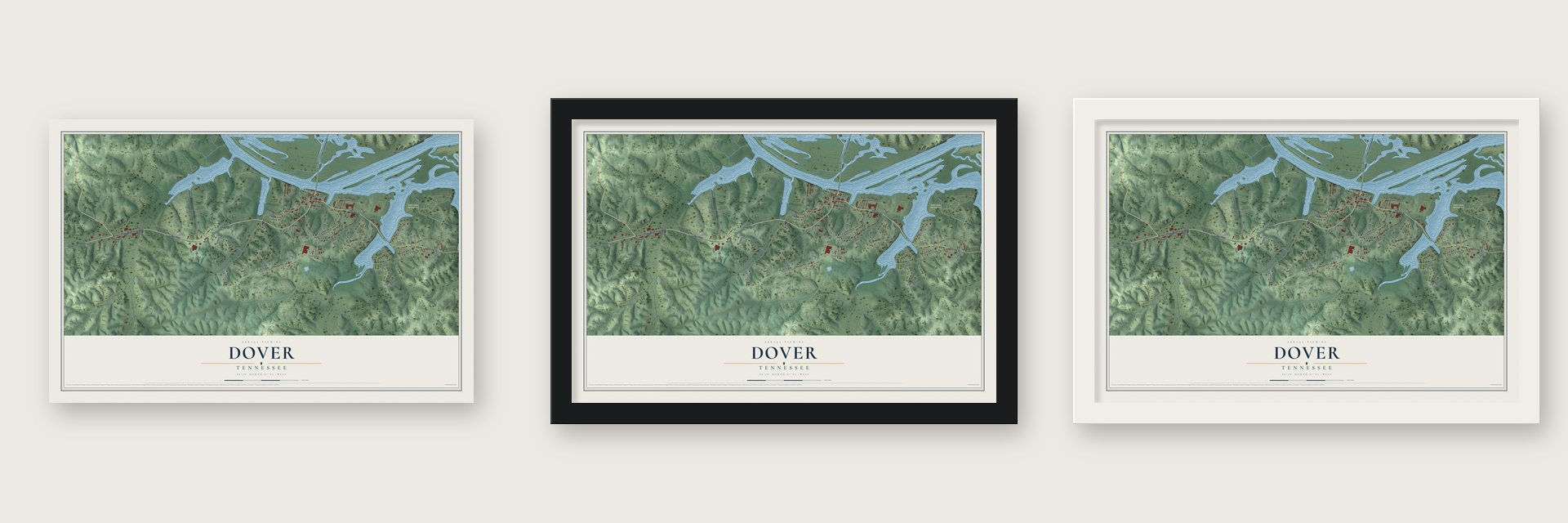 Dover, Tennessee map unframed, in a black wood frame and in a white wood frame