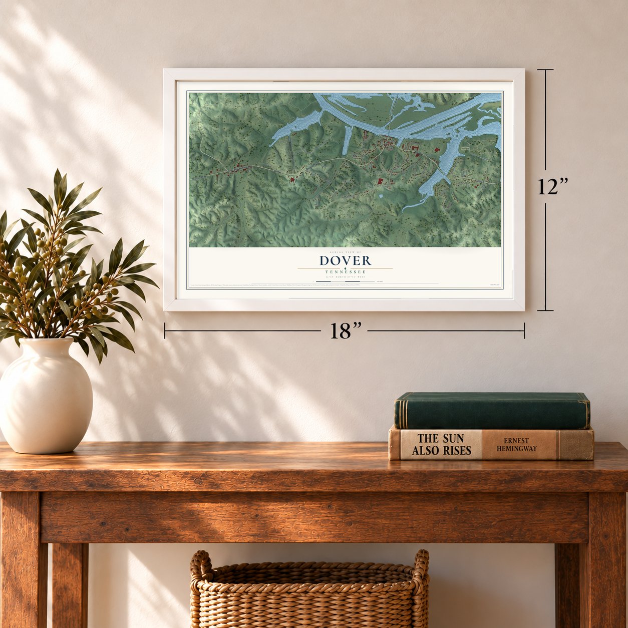 Dover, Tennessee map, 12 x 18 inch print in a white frame in an entryway