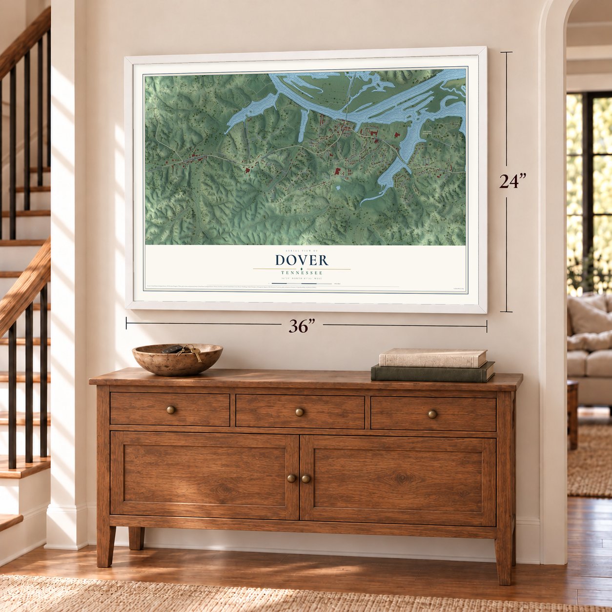 Dover, Tennessee map, 24 x 36 inch print in a white frame above a dresser by a staircase