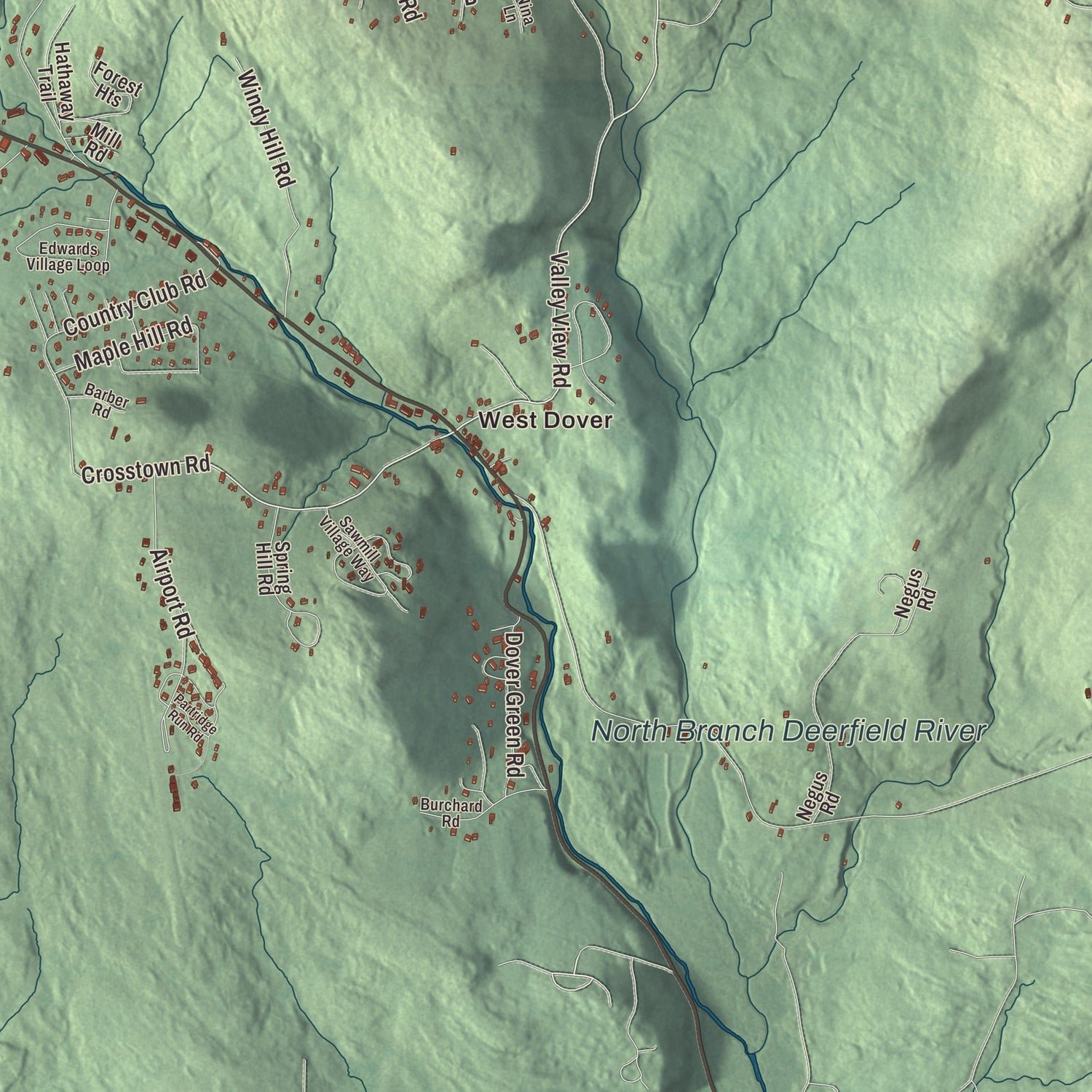 Close-up of the map of Dover, Vermont print showing terrain and local geography