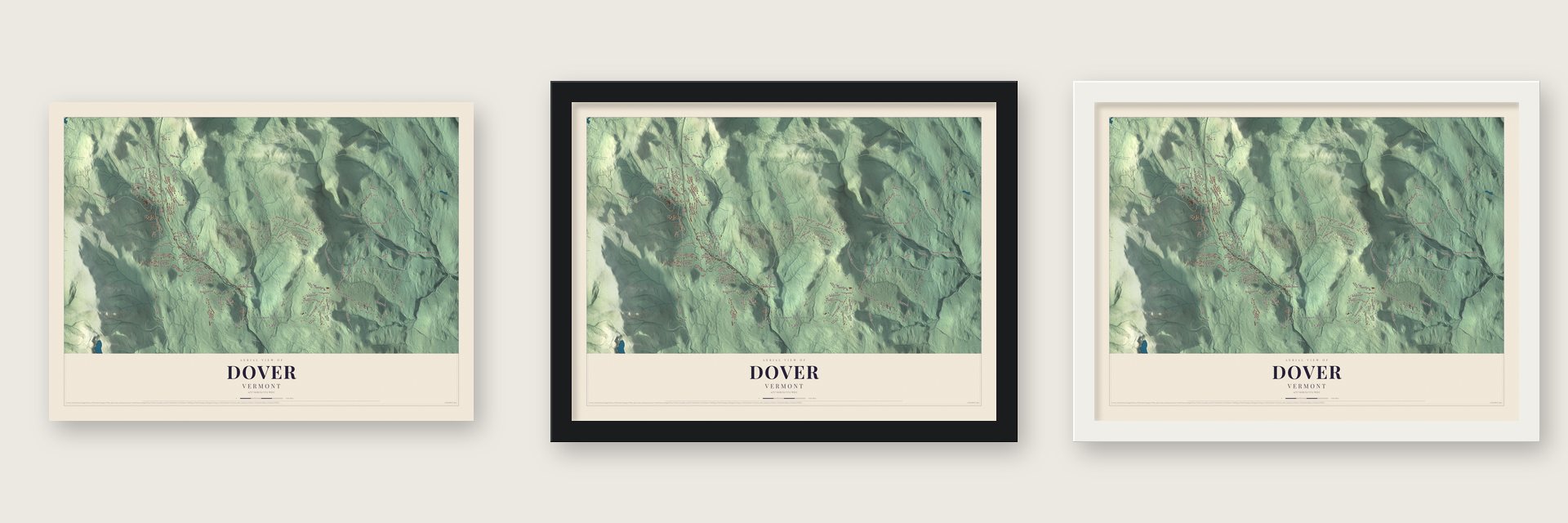 Dover, Vermont map unframed, in a black wood frame and in a white wood frame