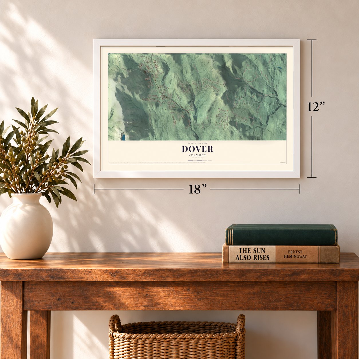 Dover, Vermont map, 12 x 18 inch print in a white frame in an entryway