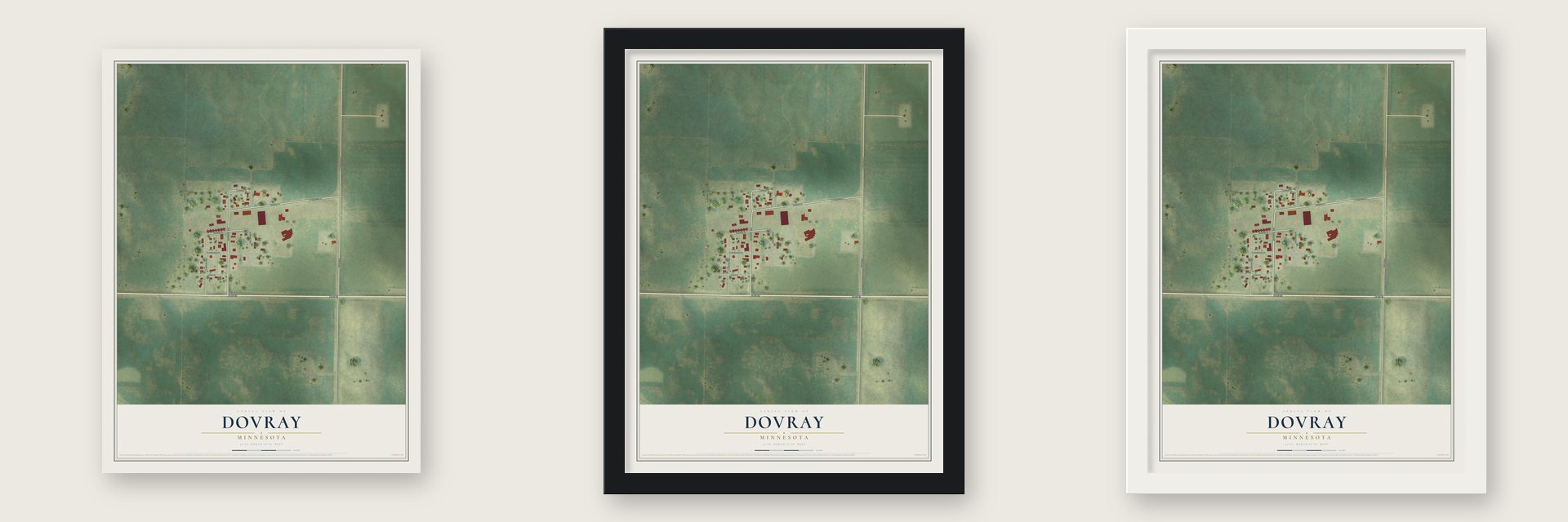Dovray, Minnesota map unframed, in a black wood frame and in a white wood frame