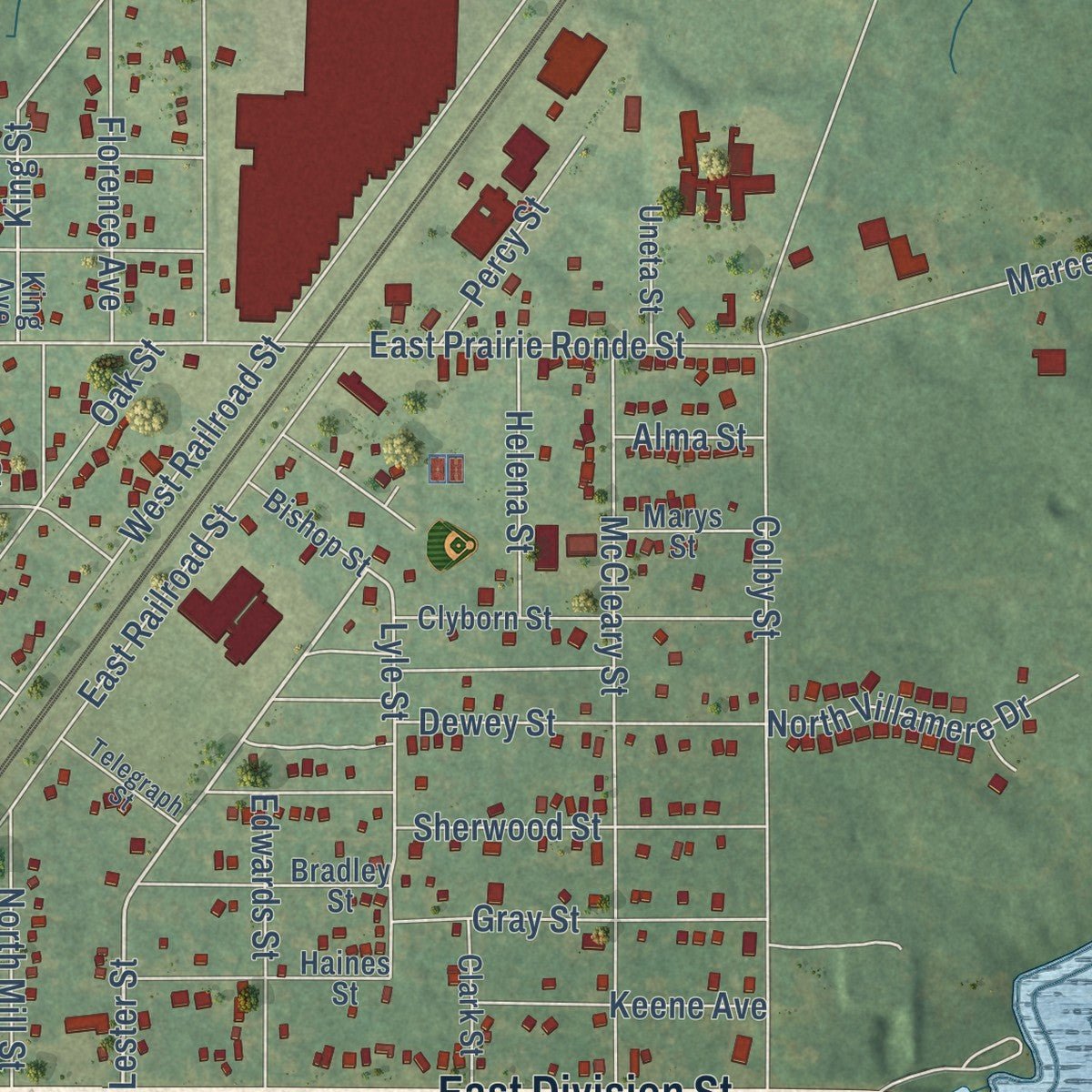 Second close-up of the map of Dowagiac, Michigan print showing more streets and buildings