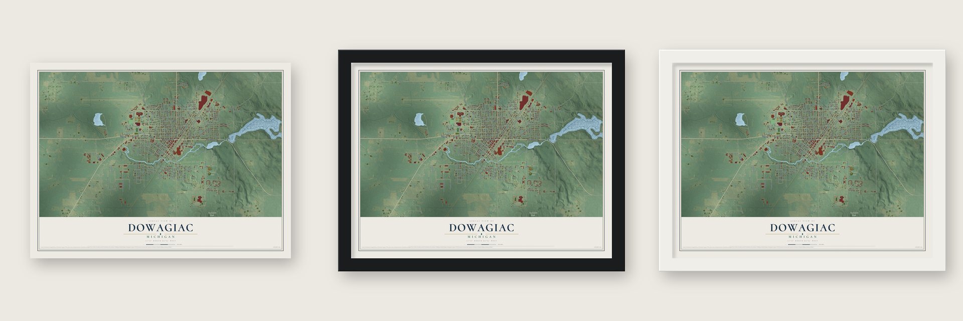 Dowagiac, Michigan map unframed, in a black wood frame and in a white wood frame