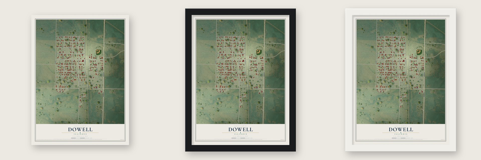 Dowell, Illinois map unframed, in a black wood frame and in a white wood frame