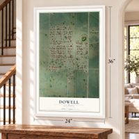 Dowell, Illinois map, 24 x 36 inch print in a white frame by a staircase