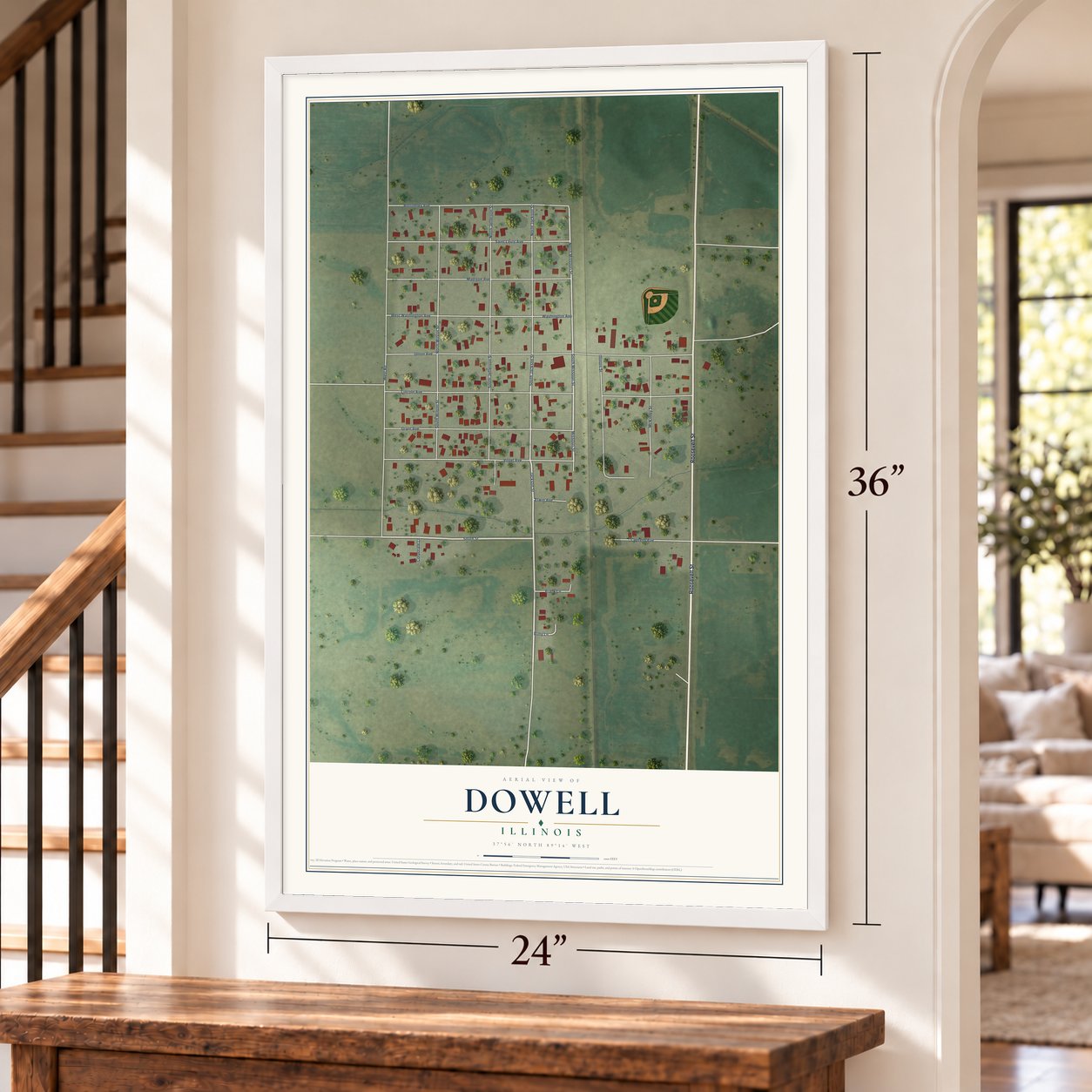 Dowell, Illinois map, 24 x 36 inch print in a white frame by a staircase