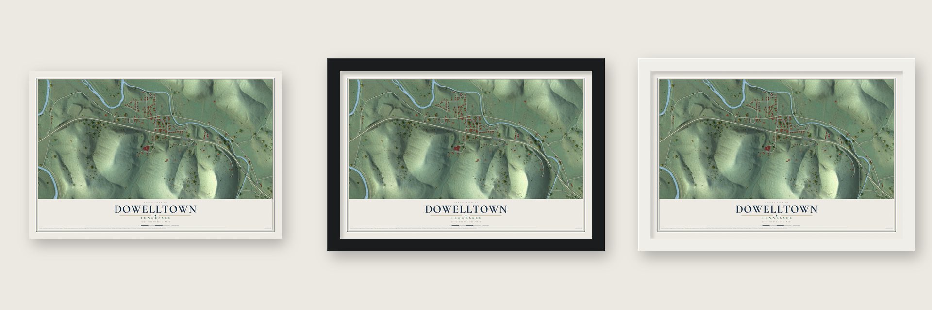 Dowelltown, Tennessee map unframed, in a black wood frame and in a white wood frame