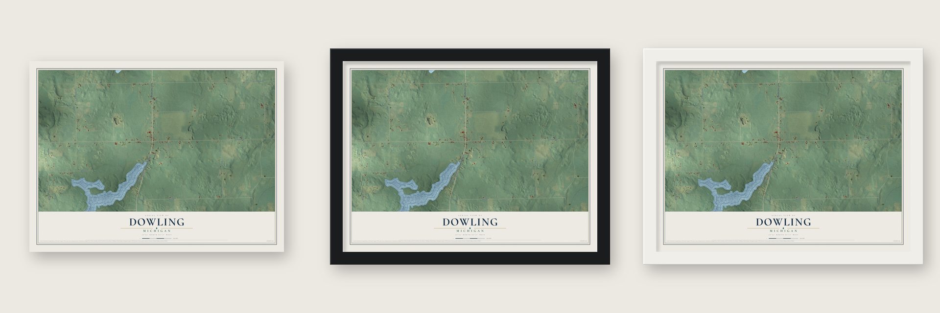 Dowling, Michigan map unframed, in a black wood frame and in a white wood frame