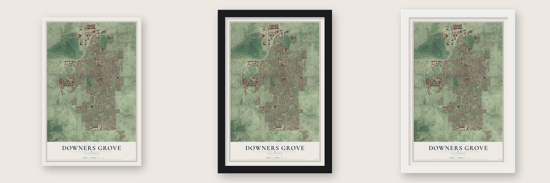 Downers Grove, Illinois map unframed, in a black wood frame and in a white wood frame