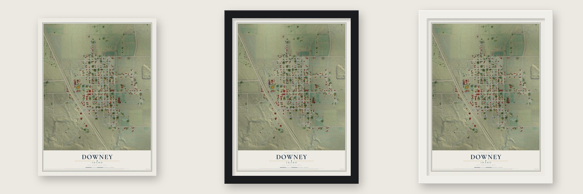 Downey, Idaho map unframed, in a black wood frame and in a white wood frame