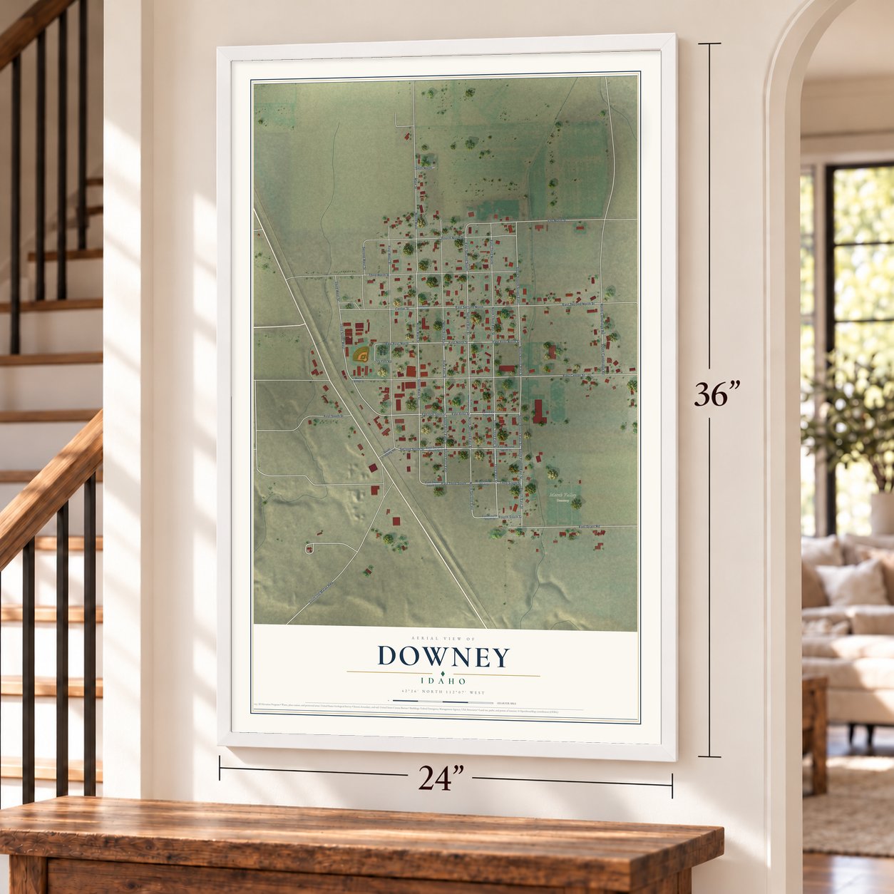 Downey, Idaho map, 24 x 36 inch print in a white frame by a staircase