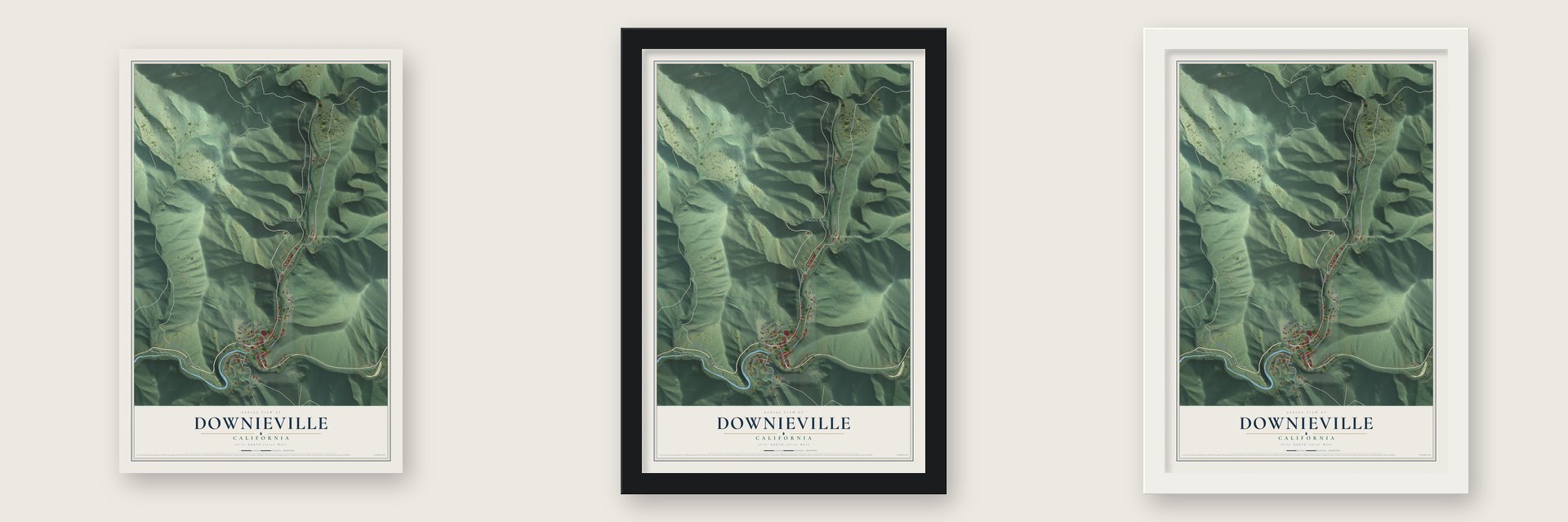 Downieville, California map unframed, in a black wood frame and in a white wood frame