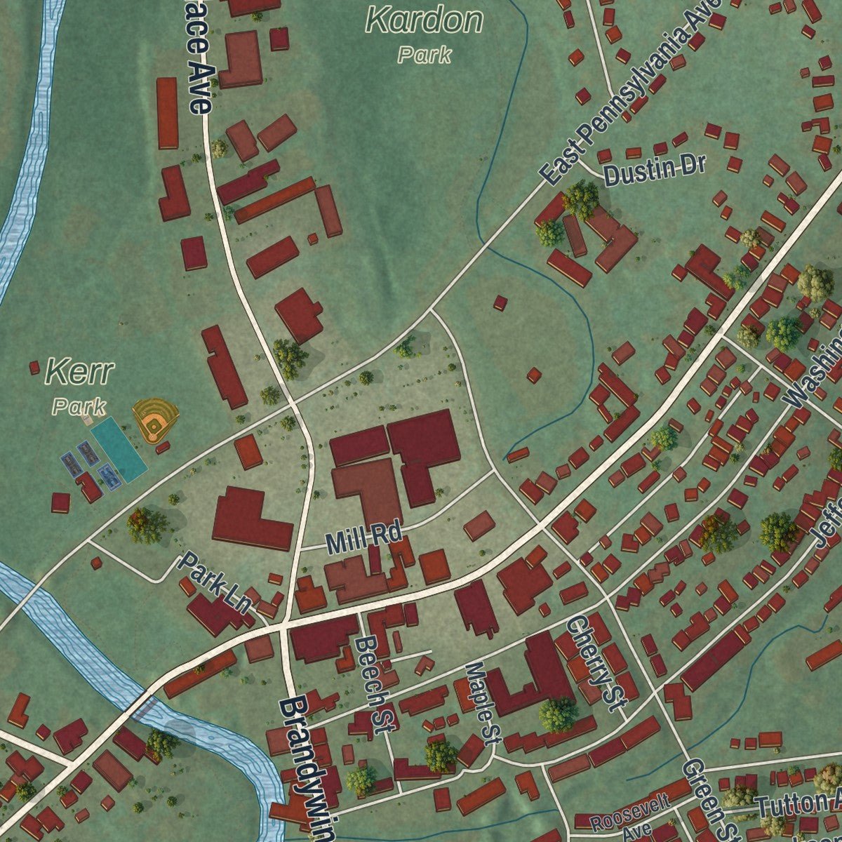 Second close-up of the map of Downingtown, Pennsylvania print showing more streets and buildings