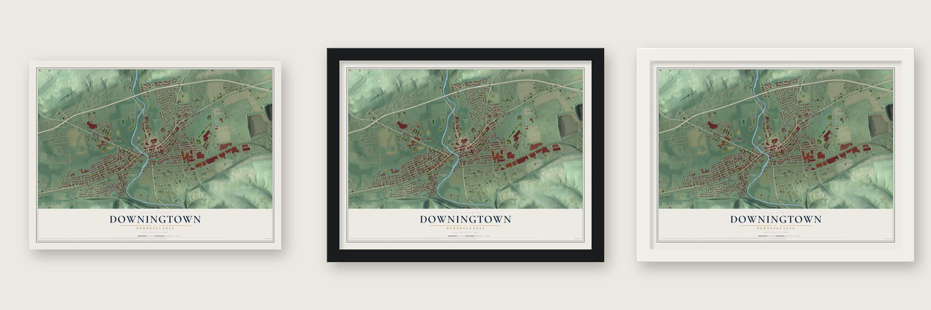 Downingtown, Pennsylvania map unframed, in a black wood frame and in a white wood frame