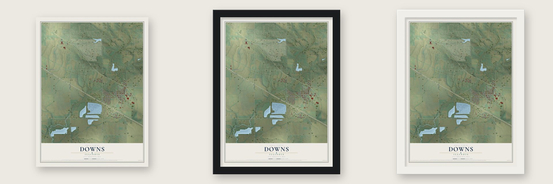 Downs, Illinois map unframed, in a black wood frame and in a white wood frame