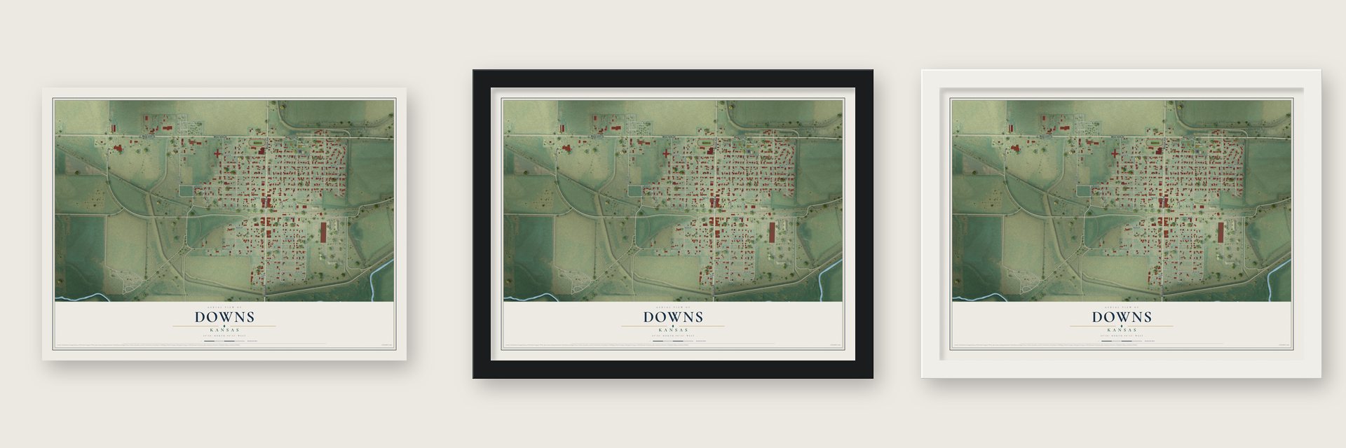 Downs, Kansas map unframed, in a black wood frame and in a white wood frame