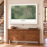 Downs, Kansas map, 24 x 36 inch print in a white frame above a dresser by a staircase