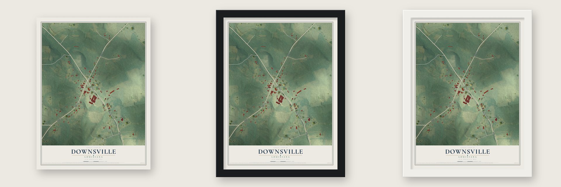 Downsville, Louisiana map unframed, in a black wood frame and in a white wood frame