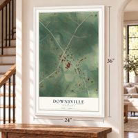 Downsville, Louisiana map, 24 x 36 inch print in a white frame by a staircase