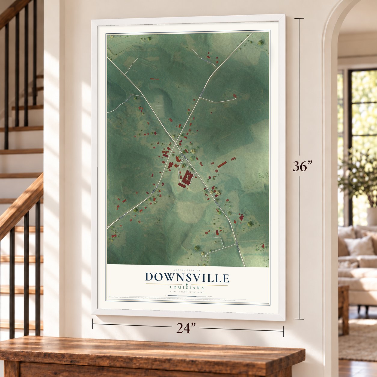Downsville, Louisiana map, 24 x 36 inch print in a white frame by a staircase