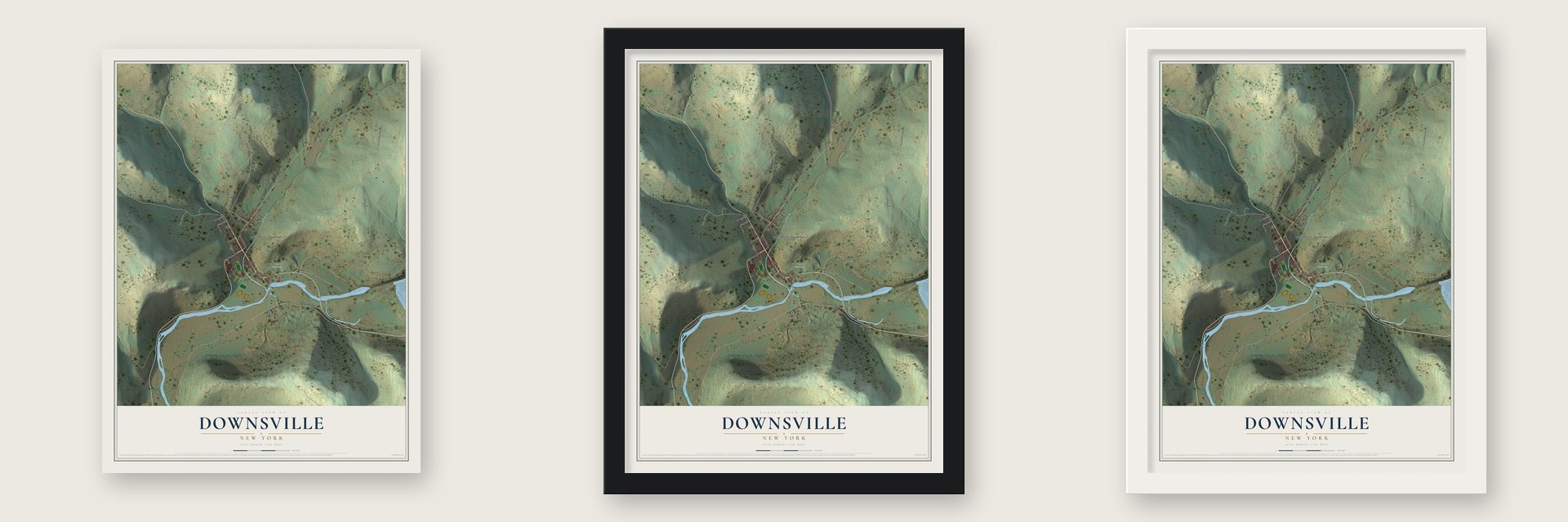 Downsville, New York map unframed, in a black wood frame and in a white wood frame
