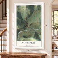 Downsville, New York map, 24 x 36 inch print in a white frame by a staircase