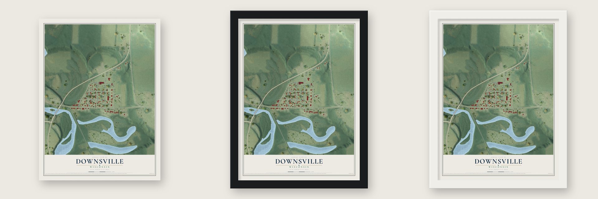 Downsville, Wisconsin map unframed, in a black wood frame and in a white wood frame