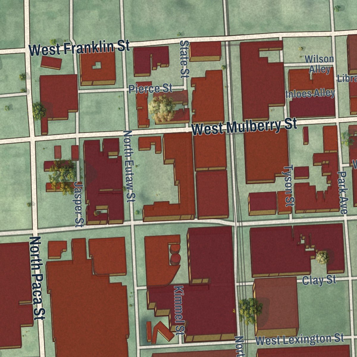 Second close-up of the map of Downtown, Maryland print showing more streets and buildings
