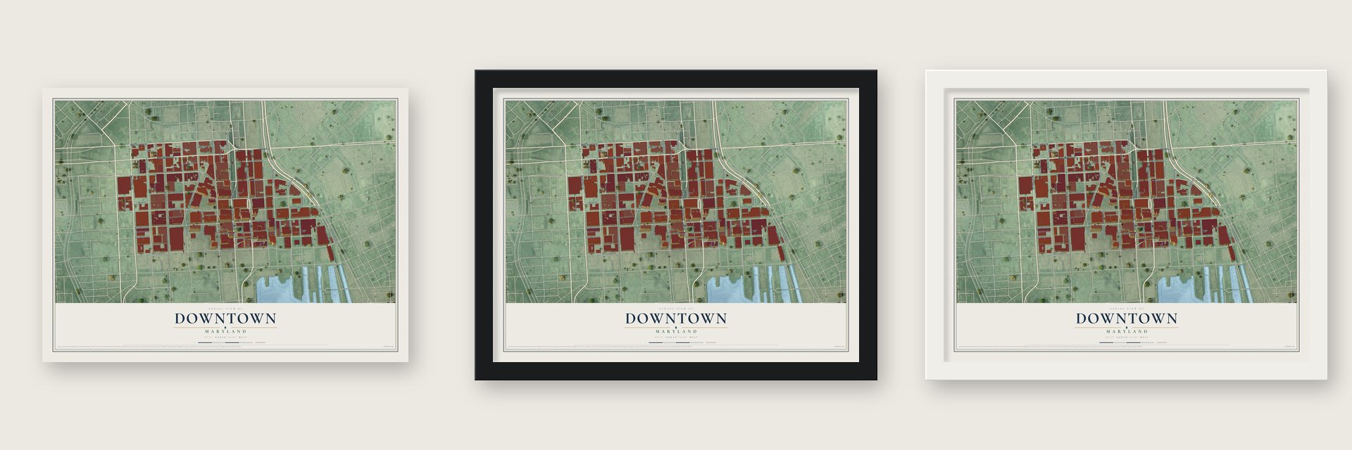 Downtown, Maryland map unframed, in a black wood frame and in a white wood frame