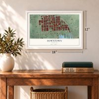 Downtown, Maryland map, 12 x 18 inch print in a white frame in an entryway