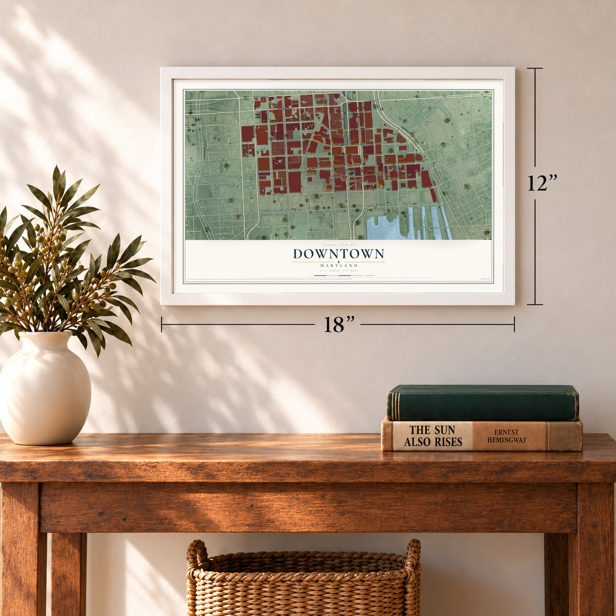 Downtown, Maryland map, 12 x 18 inch print in a white frame in an entryway